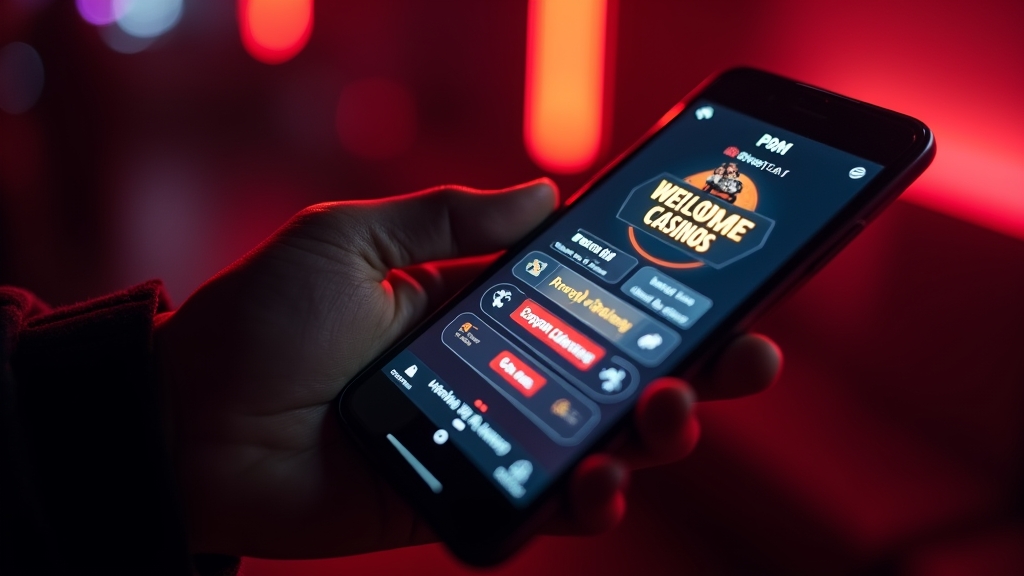 Pantalla móvil con interfaz de app de casino en ambiente oscuro