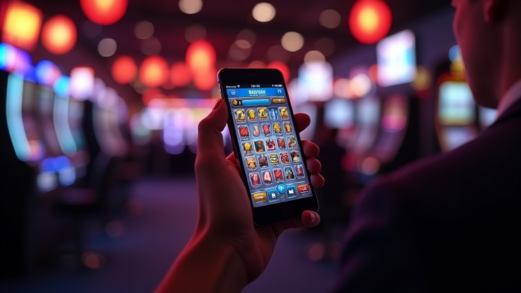 Persona jugando desde el móvil en un casino oscuro con interfaz brillante