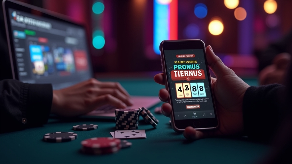 Pantalla de casino con un código promocional brillante y un jugador revisando la oferta
