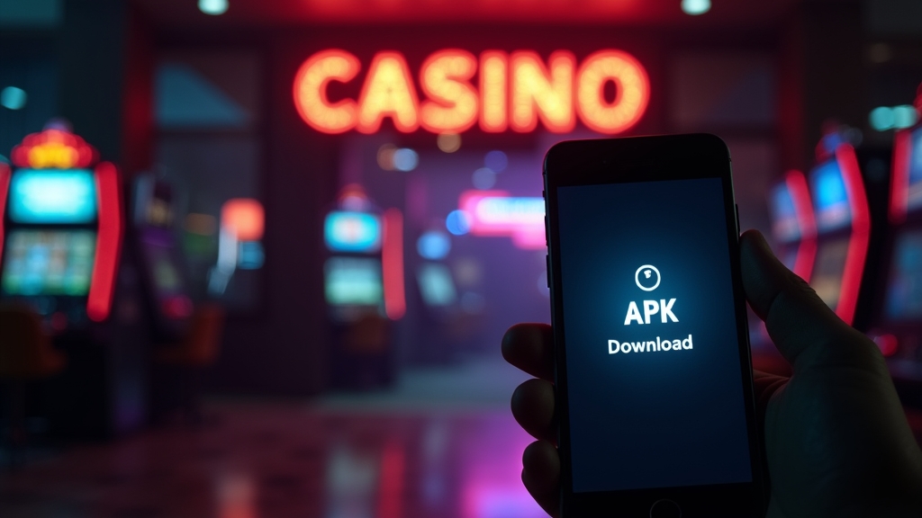 Móvil con pantalla de descarga APK en un entorno de casino oscuro