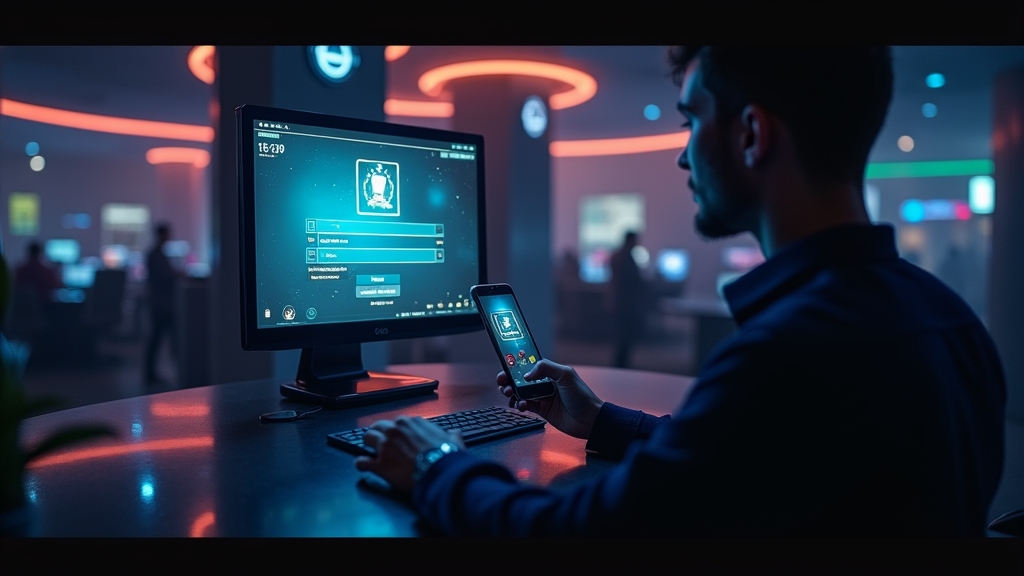 Pantalla de acceso y móvil en un entorno de casino oscuro y moderno